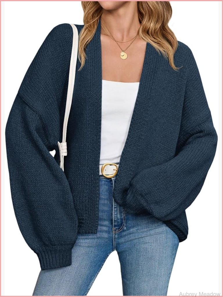 Women's Open Front Long Lantern Sleeve Chunky Knit Cardigan Sweater Coat